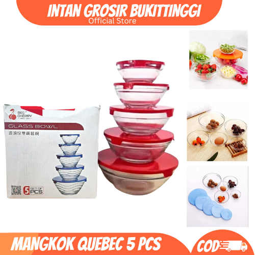 Mangkok Kaca Quebec Set Original Model Kotak Isi 3 Susun Tutup Plastik