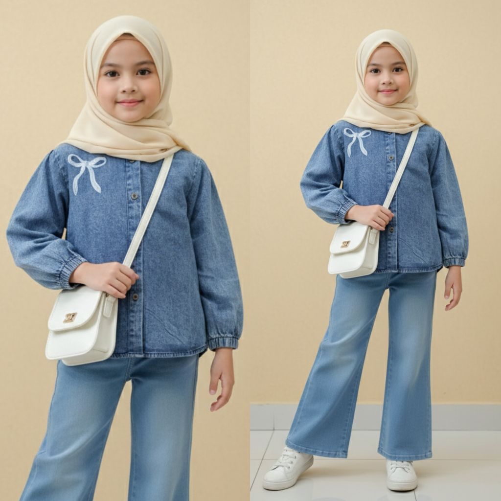 Setelan Anak Perempuan Malona Atasan Blouse Jeans Bordir + Celana Jeans Cutbray Terbaru