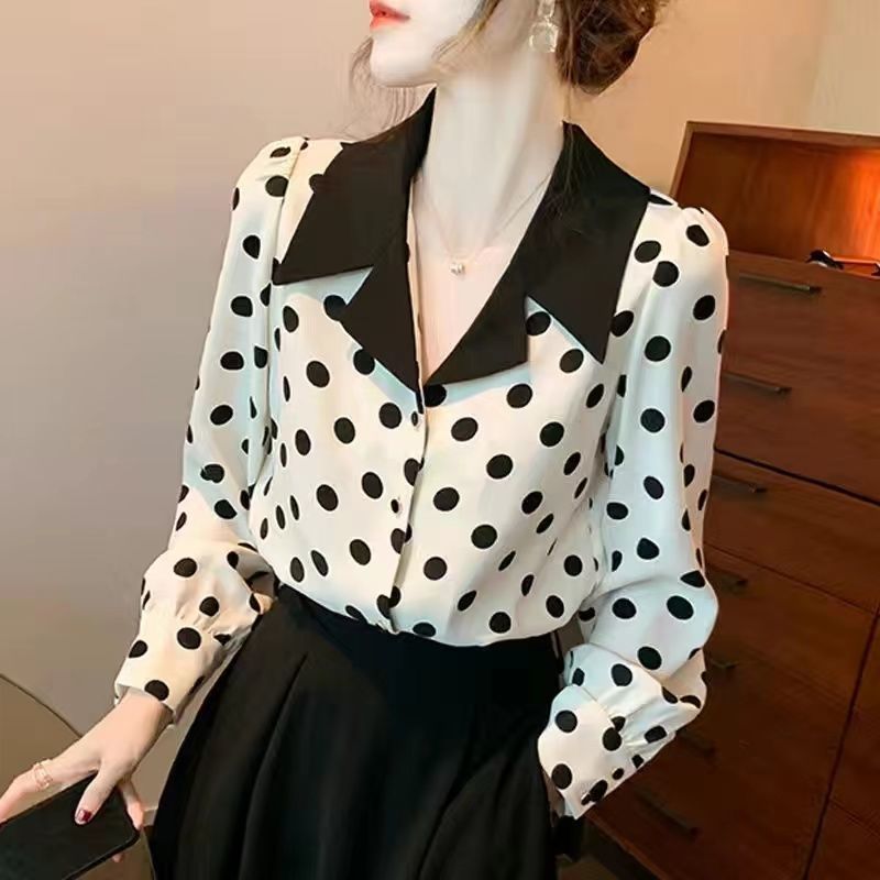 Blouse Wanita Polkadot Hitam Putih Kerah Kontras Import | Atasan Kerja Korea Elegan Lengan Panjang |