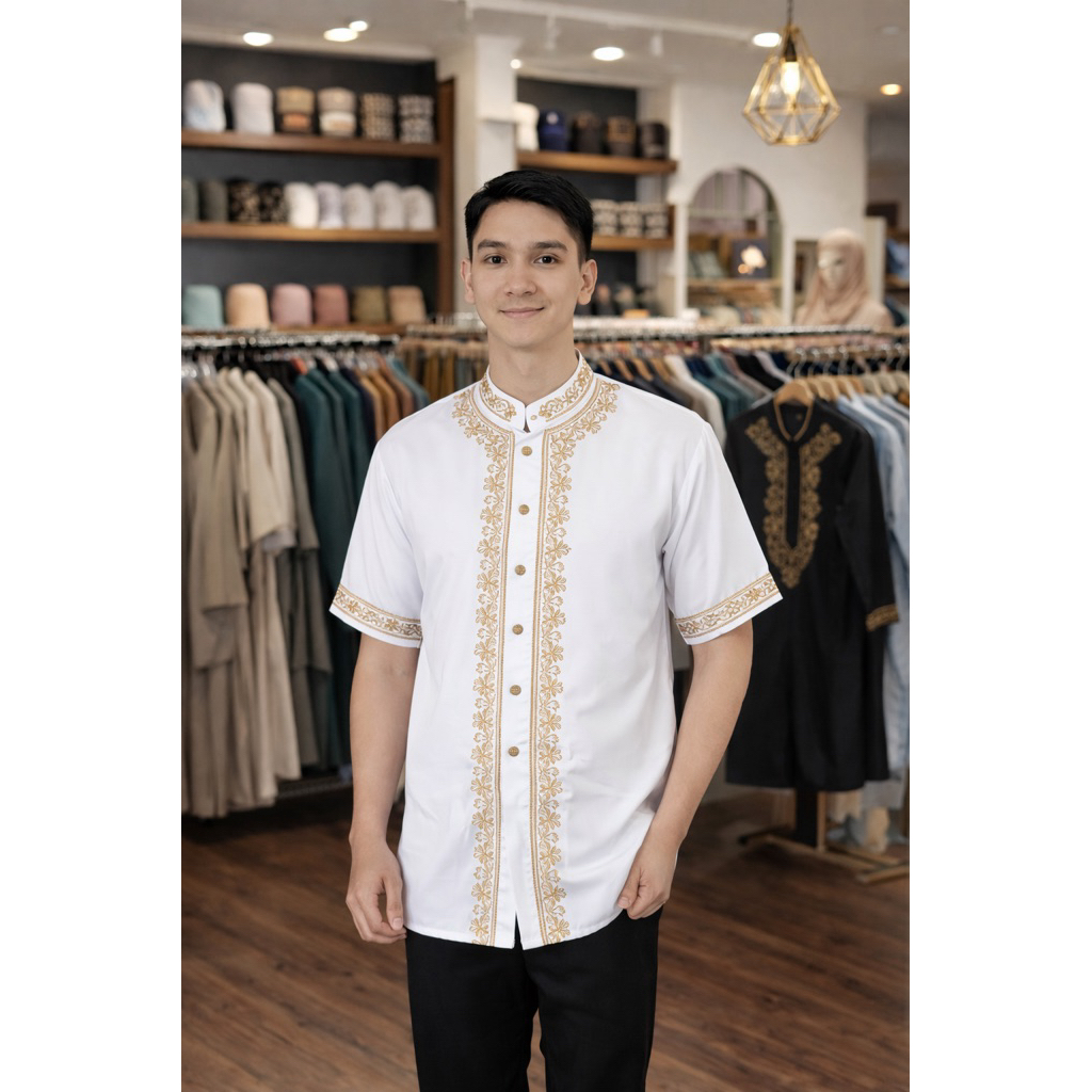 Baju Koko Pria Premium Bordir Arab Elegan – Lengan Pendek, Bahan Nyaman & Desain Eksklusif