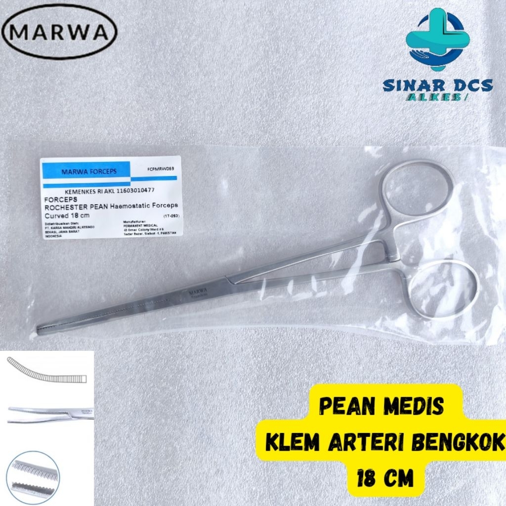Klem  Arteri Bengkok 18 cm MARWA . Pean Arteri CVD / Rochester Pean Haemostatic Forcep