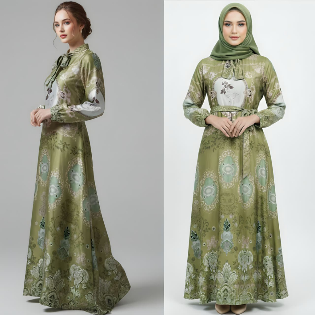 SAKYAH LD 110 DRESS LENGAN PANJANG TALI PINGGANG TANPA KERUDUNG BAHAN ARMANI SILK