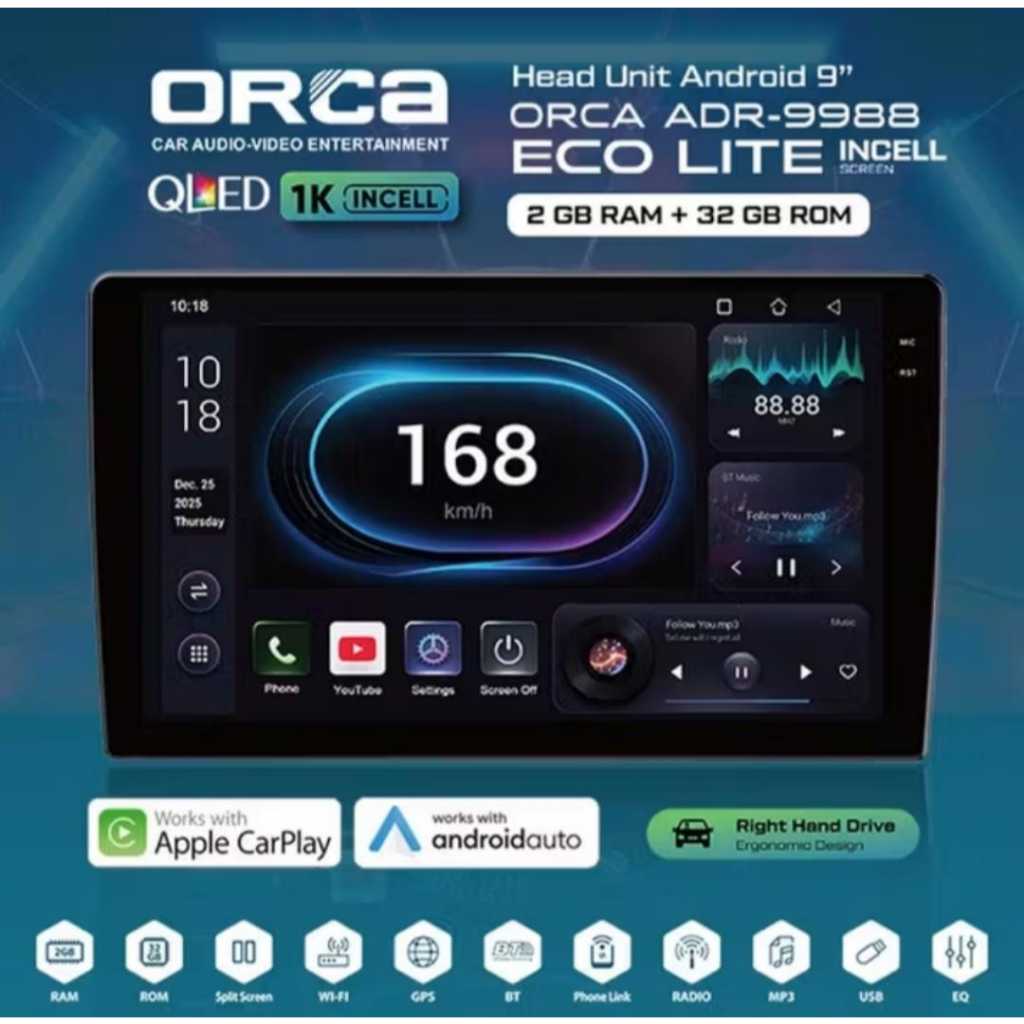 ORCA Head Unit Android ADR-9988 RAM 2/32GB ECO LITE INCELL Series 9" & 10" inch