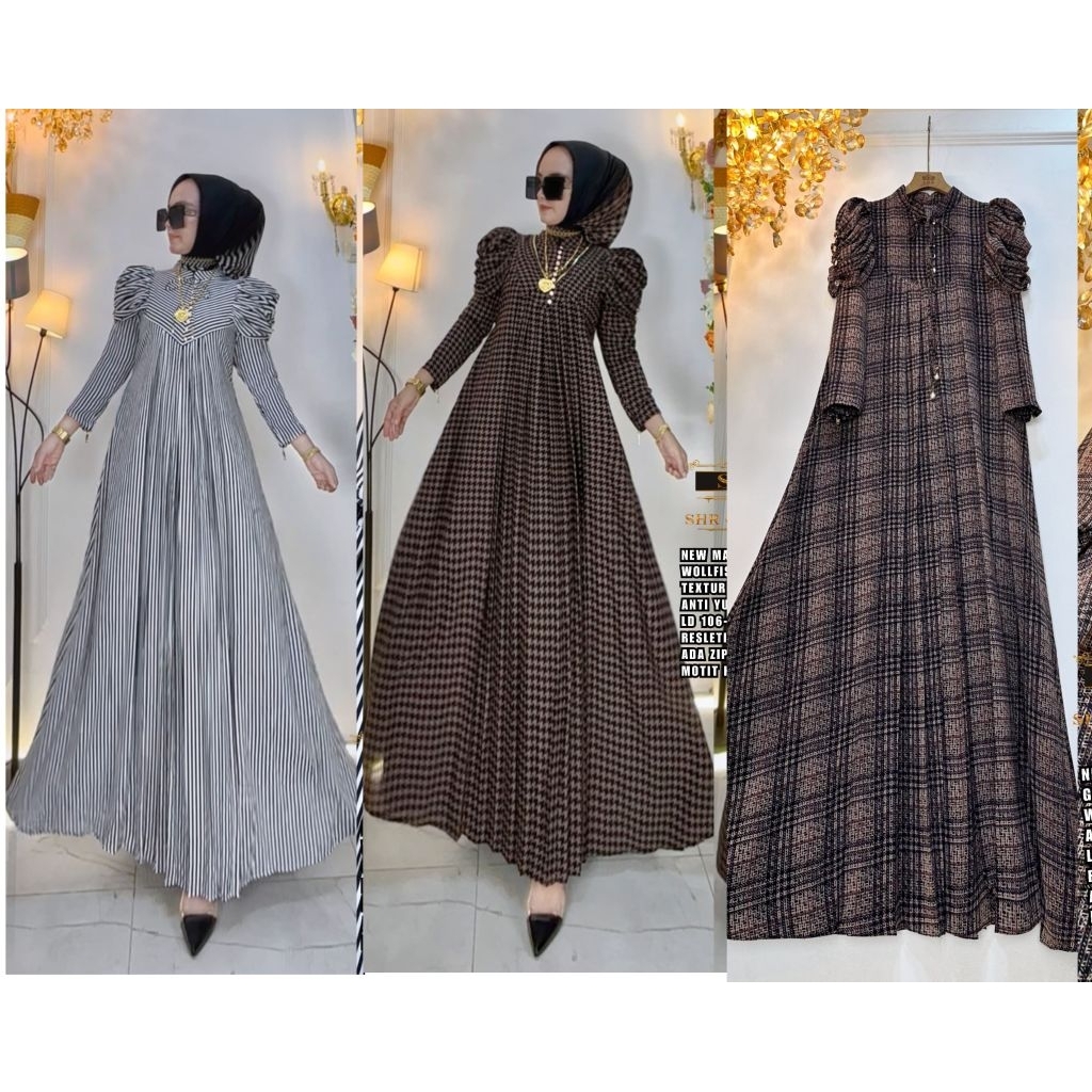 SHR Maxi Dress Gamis Inces Wolfis Salur Kotak Anti Yuti Dan Strech original SHR