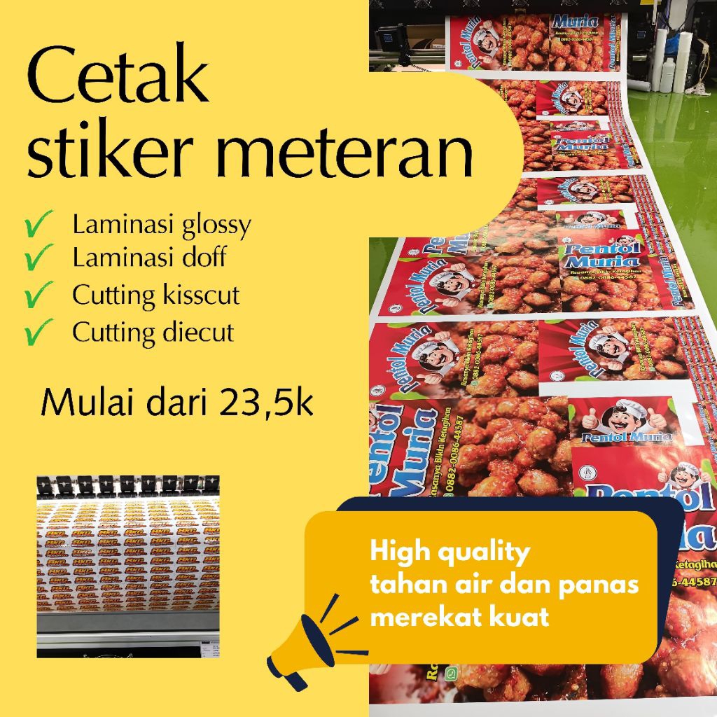 Cetak Sitker Vinyl Meteran Custom // stiker // laminasi glossy // laminasi doff // cutting // kisscu