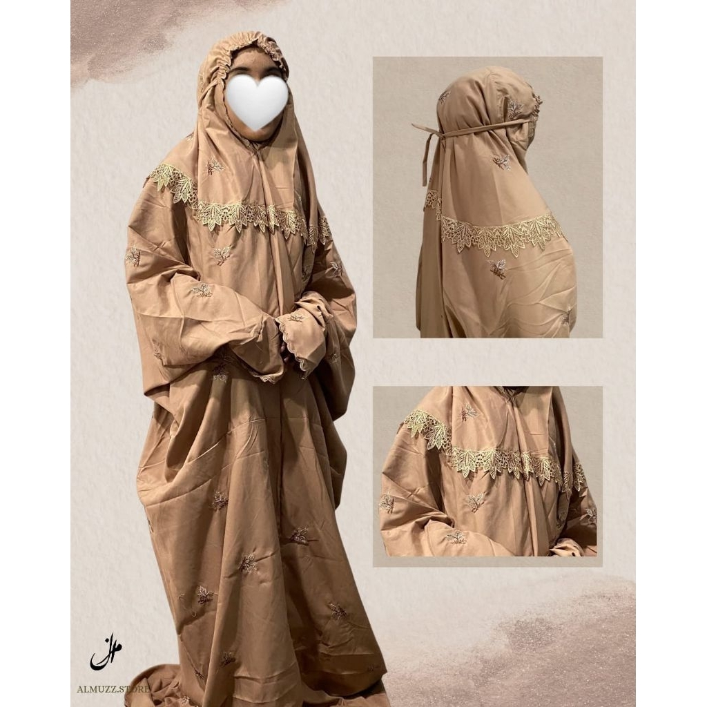 Mukena  Terusan Dewasa Bordir Daun Coklat Muda Bordir