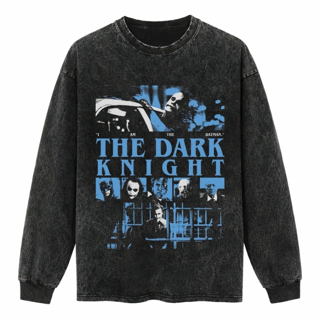 Psycho Crucify "The Dark Knight" Long Sleeve Oversized T-Shirt | Stone Wash | Kaos Oversize | Vintag