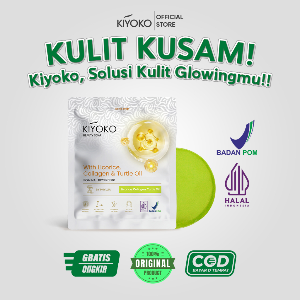 KIYOKO Sabun Pemutih Permanen BPOM, Sabun Mandi Pemutih. Mengatasi kulit kusam, kering, dan pengelup