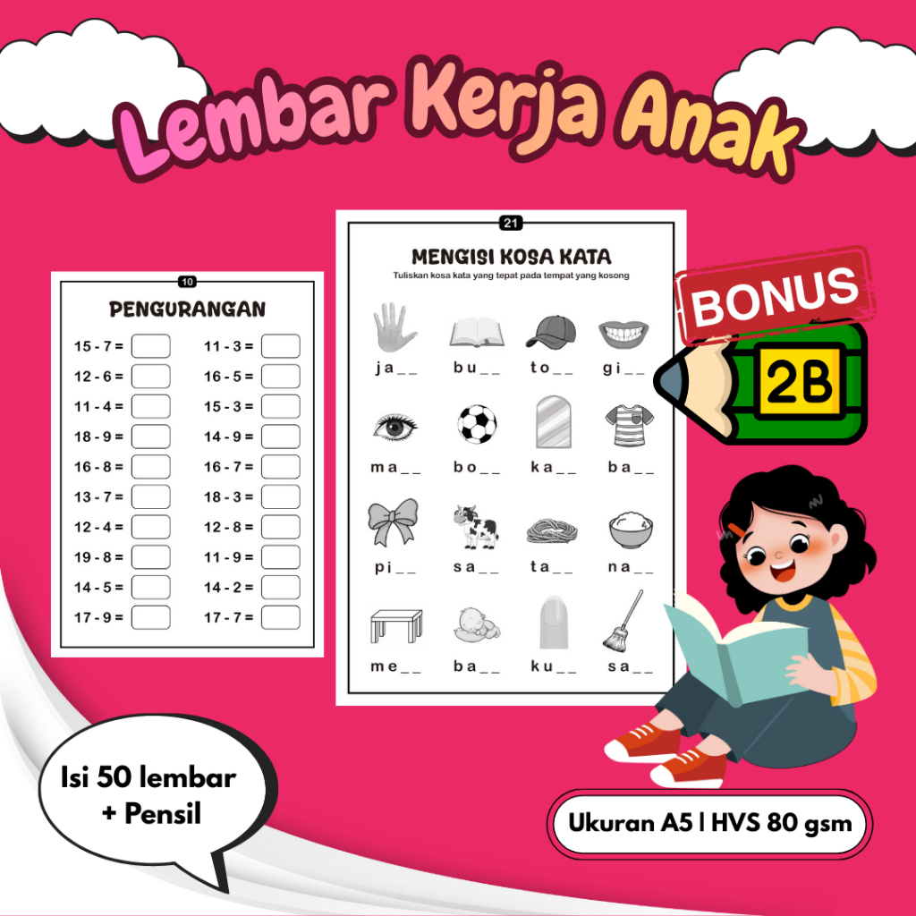 Worksheet 50 Lembar Anak Tingkat TK SD BONUS PENSIL 2B/Lembar Kerja Edukasi A5