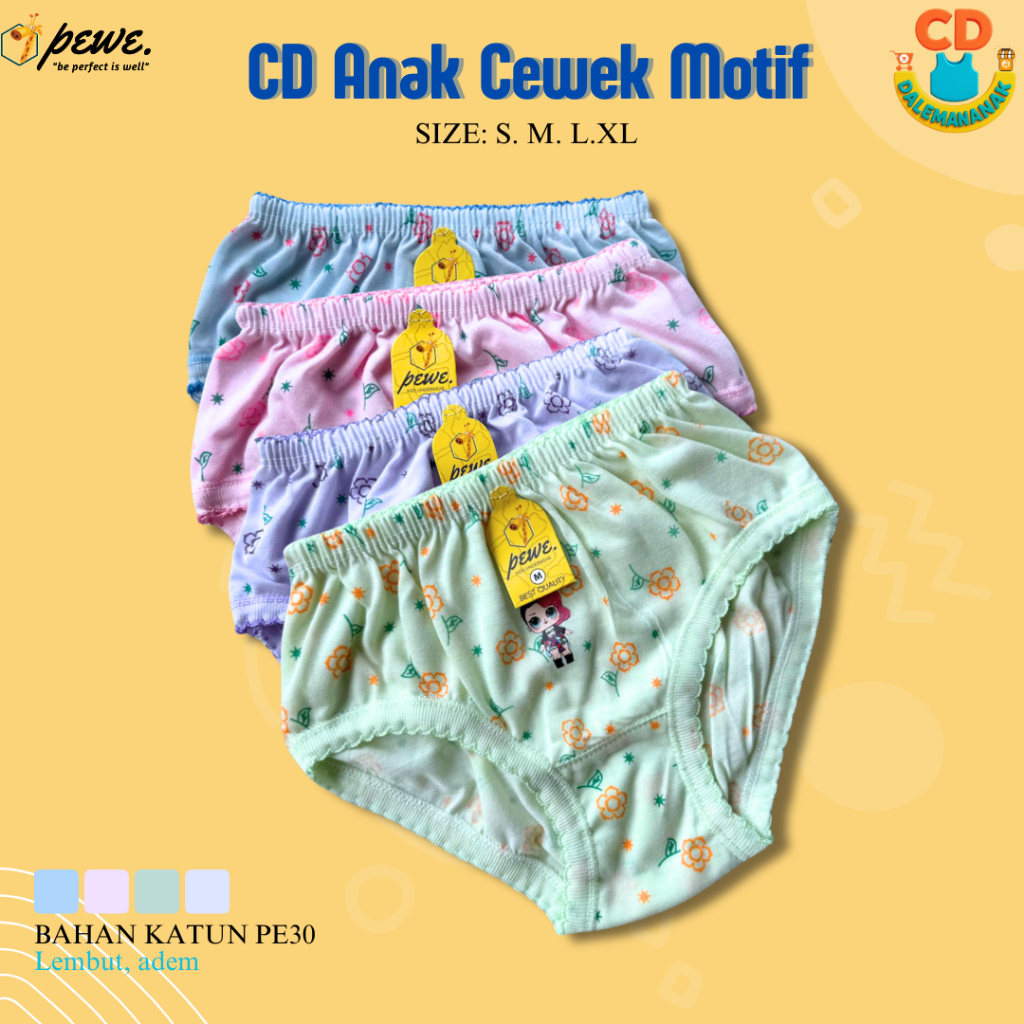 12 PCS Celana Dalam Anak Perempuan Usia 1-10 Tahun Motif DIM DIM Lucu, CD Baby Cewek Katun Lembut Ad