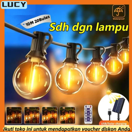 (COD) 30 Lampu Cafe Gantung 15 Meter Kabel Fiting LED Lampu Komplit Pke Tenaga Surya Tahan Air Led T
