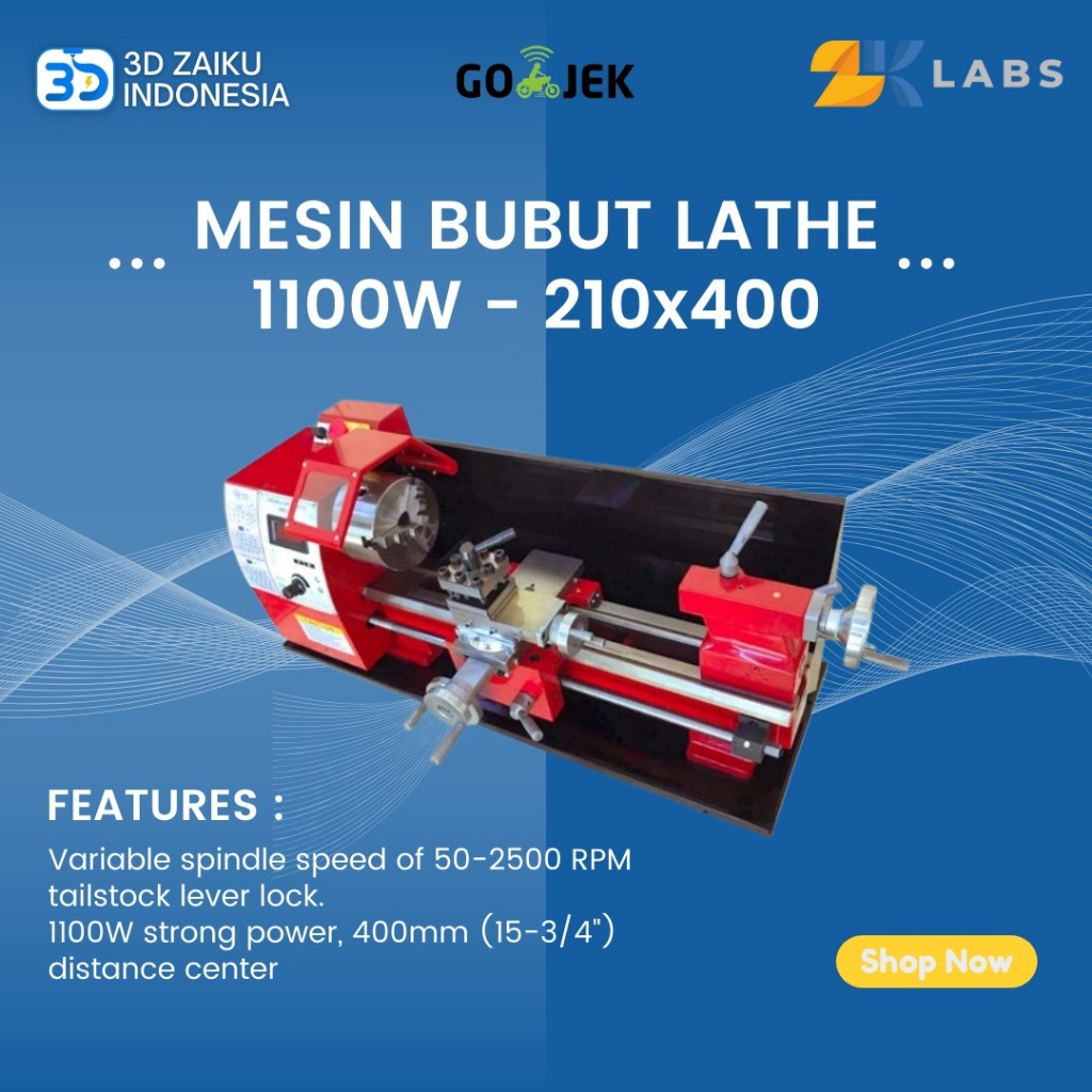 Mesin Bubut Lathe Kayu Besi 1100W Brushless 210x400 125mm Chuck