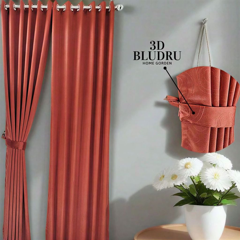 Gorden Jendela Blackout Tebal 3D Bludru Motif Bolak Balik Merah Bata (12 Ring)