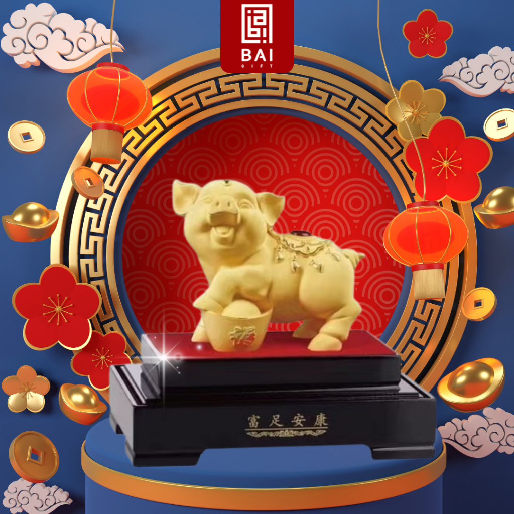 BAI GIFT Pajangan Patung Shio Babi Lapis Emas 24k Patung Shio Babi Hadiah Premium Miniatur Shio Babi