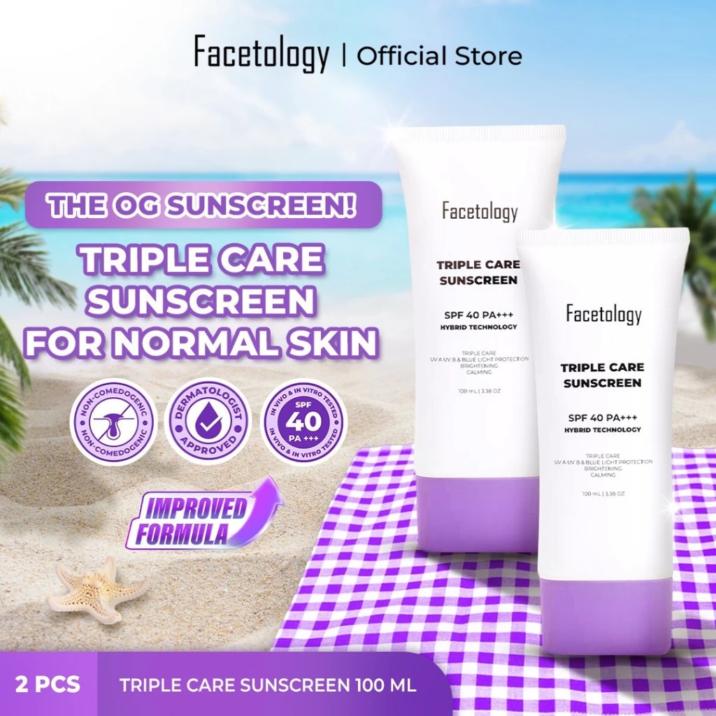 FACETOLOGY SUNSCREEN SPF40 100ML - BESAR | Facetology Triple Care Sunscreen SPF 40 PA+++ 100ml