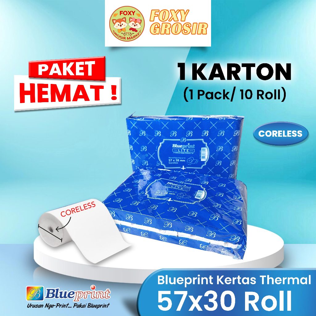 57X30 (PACK) KERTAS KASIR STRUK KERTAS THERMAL EDC BRI PPOB BLUEPRINT LITE 57MM 58x30 CORELESS