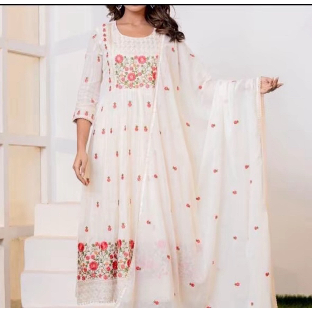 Dress Wanita Asli India Katun Bordir Timbul | Maxi Elegan Warna  Putih