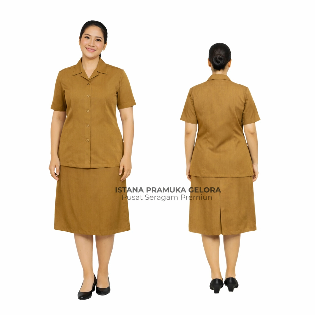 (PREMIUM) Seragam Baju Cokelat Khaki PNS Lengan Pendek Dan Rok Pendek Wanita  - Istana Pramuka Gelor