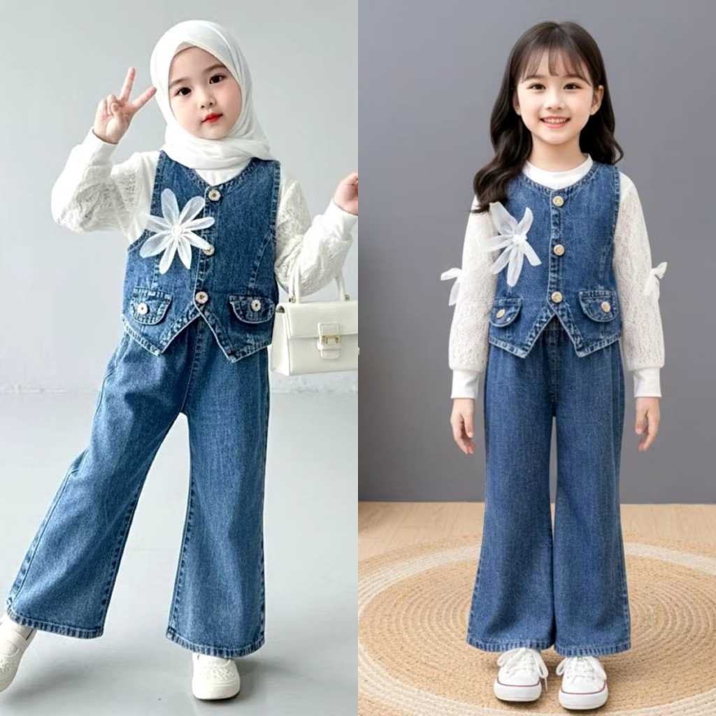 Setelan Impor Mewah Jeans Premium Anak Cewek Blouse Rompi Viral
