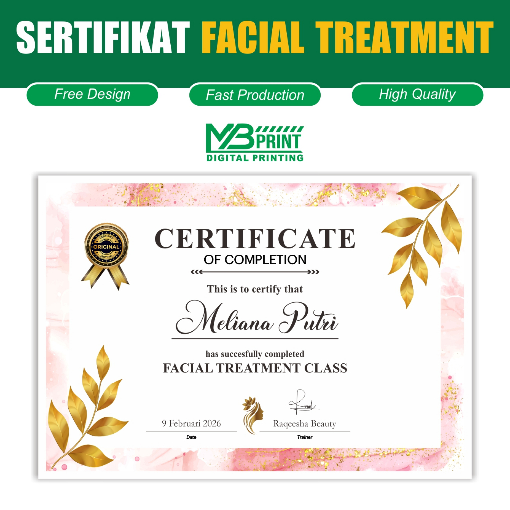 Cetak Sertifikat Facial Treatement / Piagam Sertifikat Kursus Kecantikan Sertifikat Kursus Salon