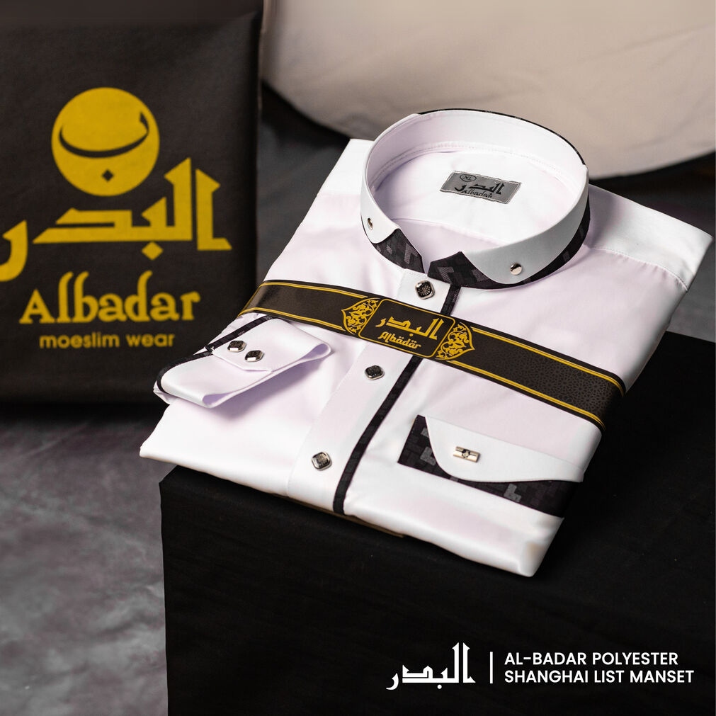Jubah/ Gamis Pria AlBadar Polyester Kerah Shanghai Kombinasi Lengan Manset Pria Premium