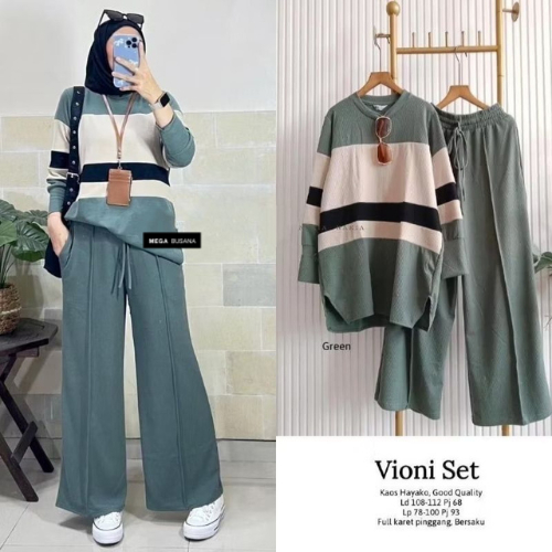 Vioni Set Atasan Blouse Lengan Panjang Celana Kulot Lebar Palazo Tali Pinggang Saku Kanan Kiri Outfi