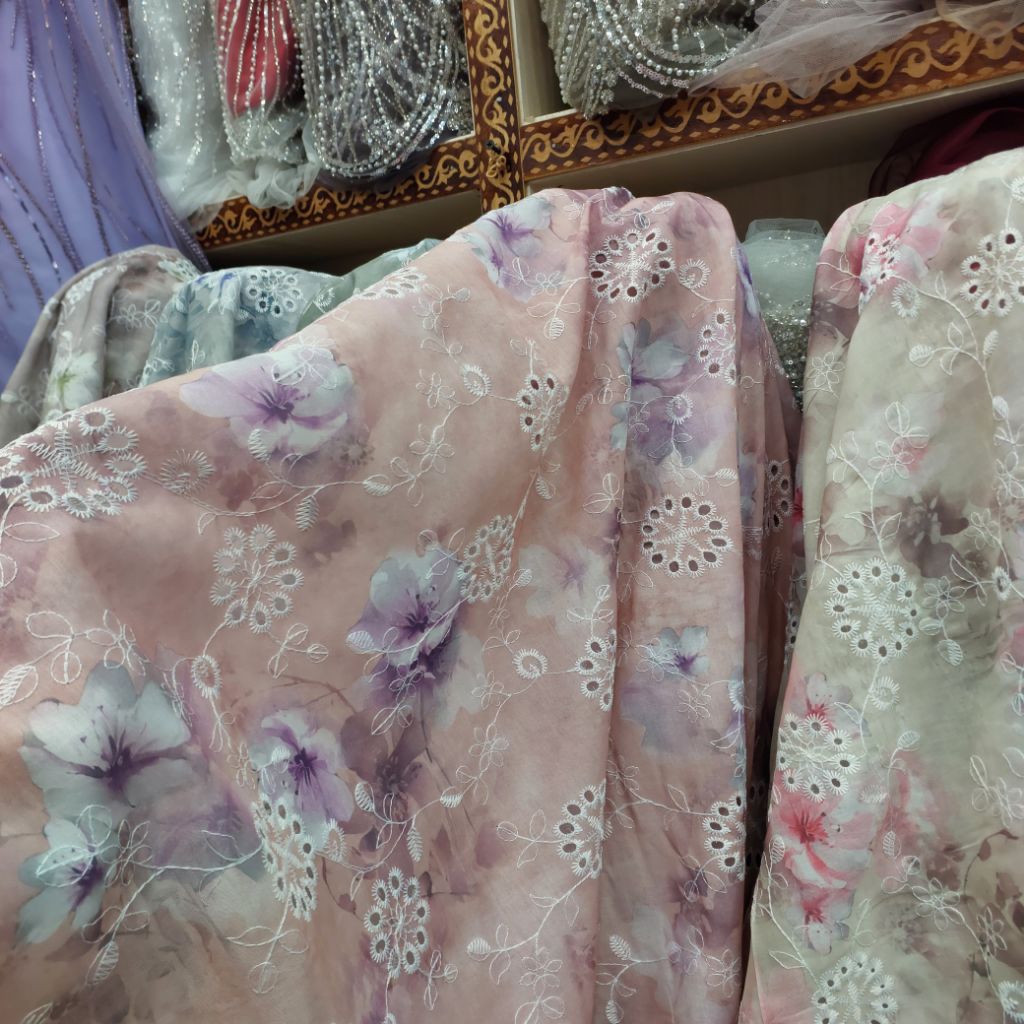 Kain Katun Sulam Bunga Cantik - Bahan Dress/Gamis Floral Vintage Premium