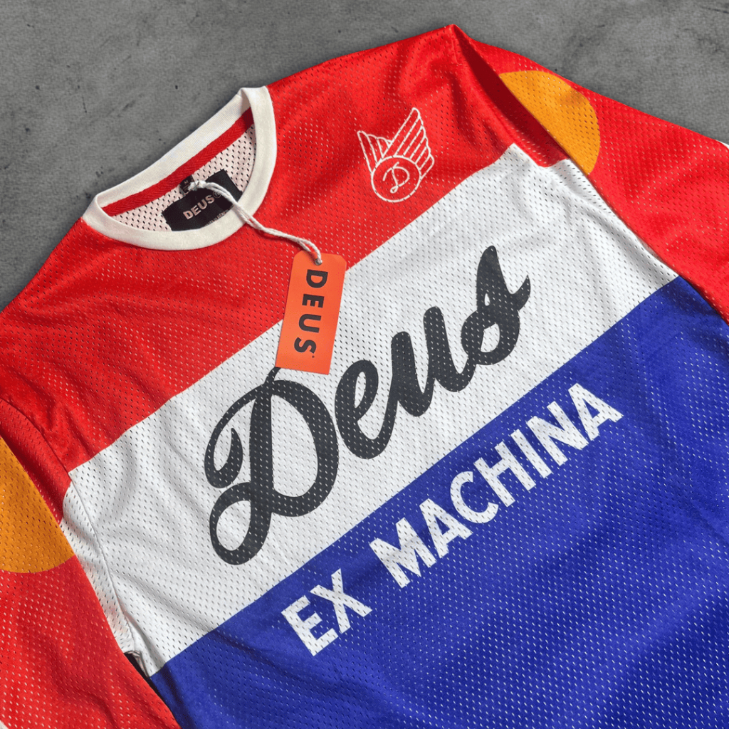 Deus Ex Machina Saber Moto Jersey Tri Colour Kaos Lengan Panjang Trail Vintage