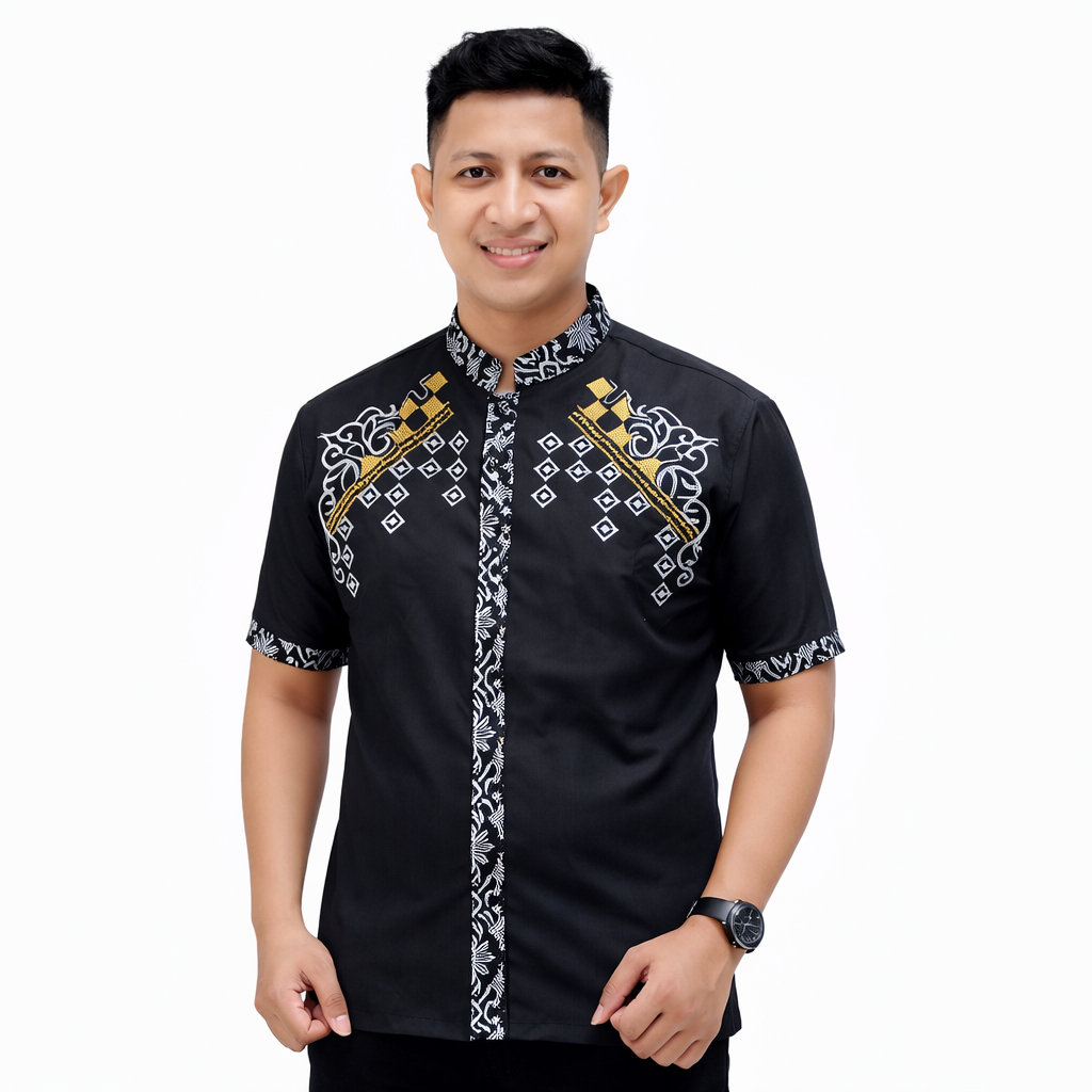 Baju Koko Pria Dewasa Lengan Pendek Batik Kombinasi Bordir Motif Ceplok Kotak – Adem & Nyaman Cocok 