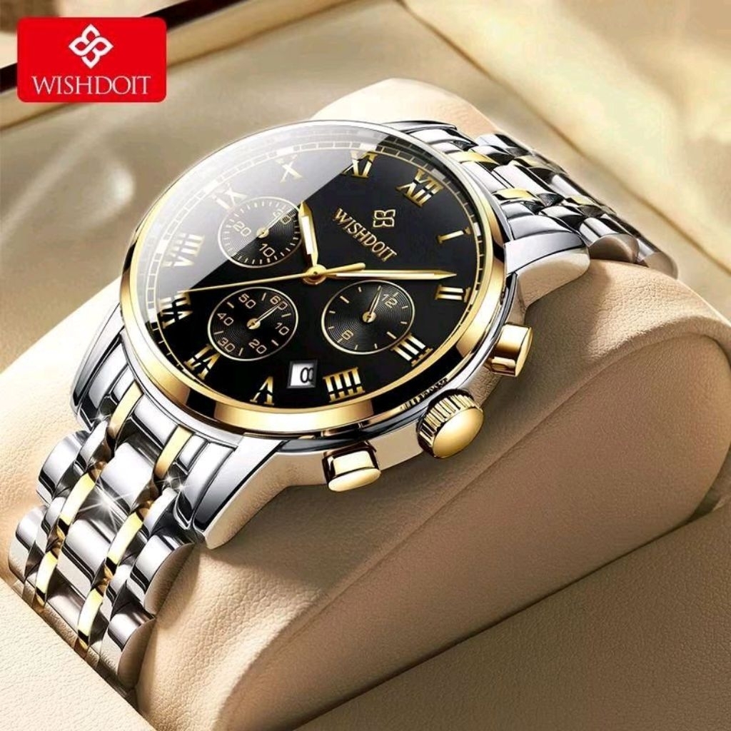 WISHDOIT Jam Tangan Krono Aktif Tahan Air dengan Desain Elegan dan Tali Stainless Steel untuk Pria T