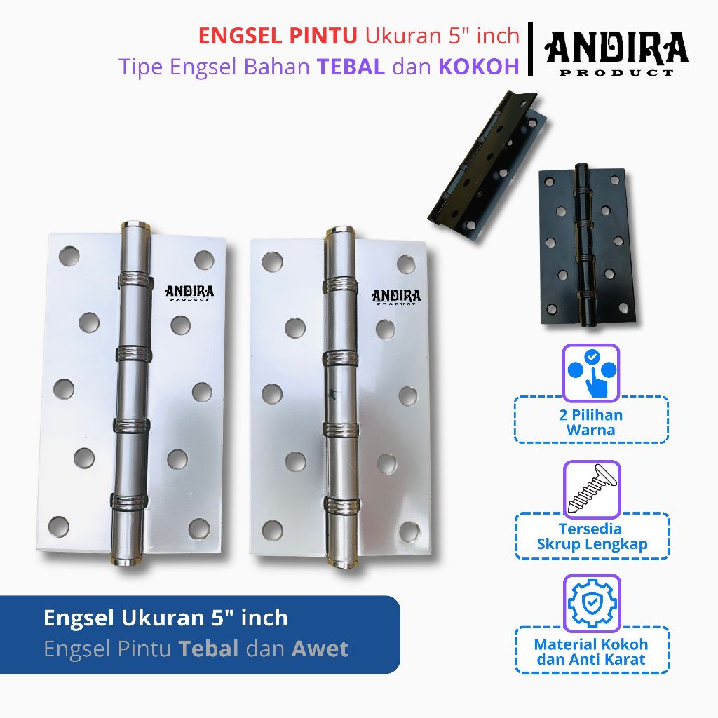 Engsel Pintu 5" inch - Engsel Pintu Rumah Utama 10 lubang - Engsel Tebal Kuat dan Tahan Lama Logam