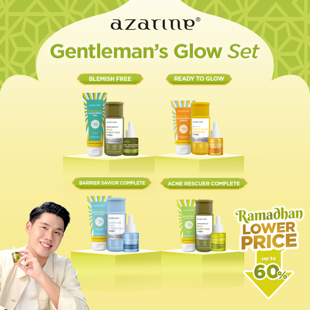 Azarine Gentleman’s Glow Set (Sunscreen + Toner + Serum) Berjerawat Aging Mencerahkan Wajah Hydratin