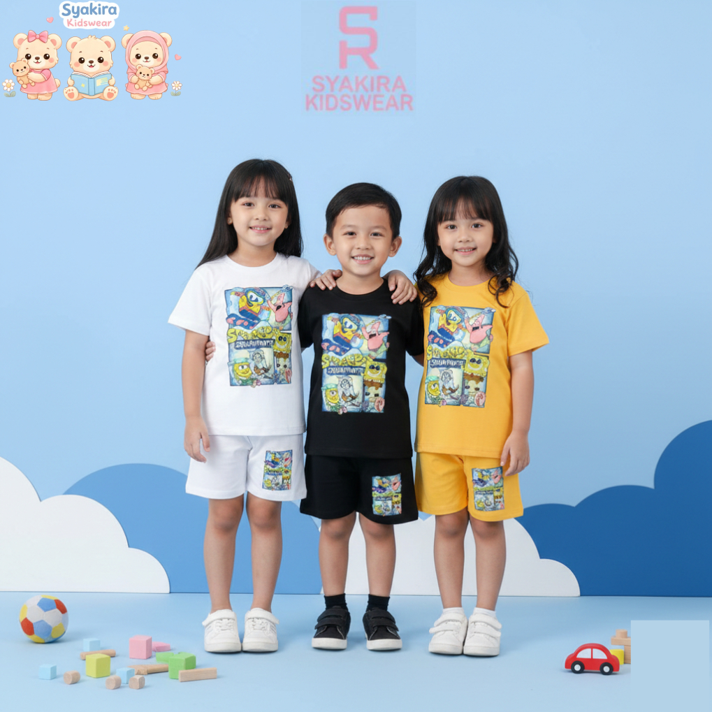 Syakira Kaos Setelan Anak Laki Laki Oneset Baju Anak Perempuan 1 - 10 Tahun Spongebob Bikini Bottom
