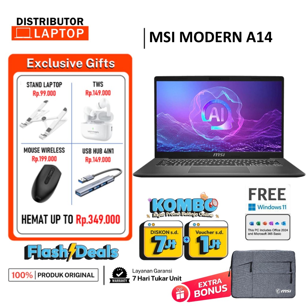 MSI MODERN A14 F2HMG 9S7 AMD AI RYZEN 7 250 RYZEN 5 220 8GB 512GB RADEON WIN11 OHS -LAPTOP ULTRABOOK