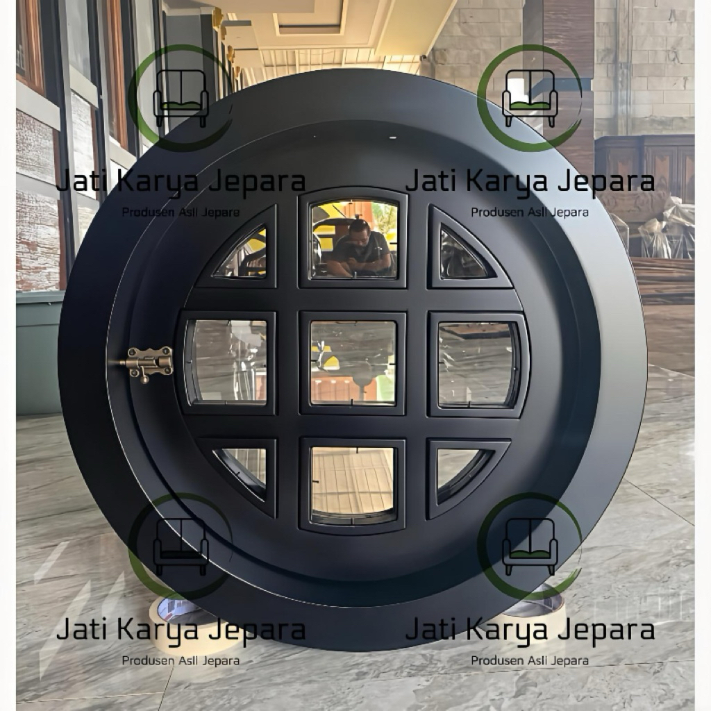 Kusen Jendela Bundar 50cm 12x6cm Black Minimalis Kayu Jati Solid untuk Desain Rumah Modern