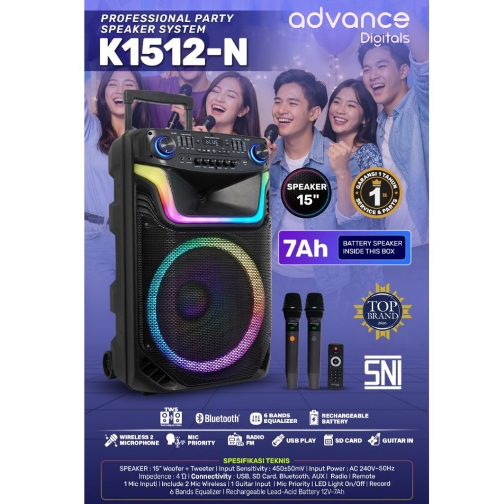 ADVANCE SPEAKER PORTABLE TROLI BLUETOOTH 15 INCH K-1512N
