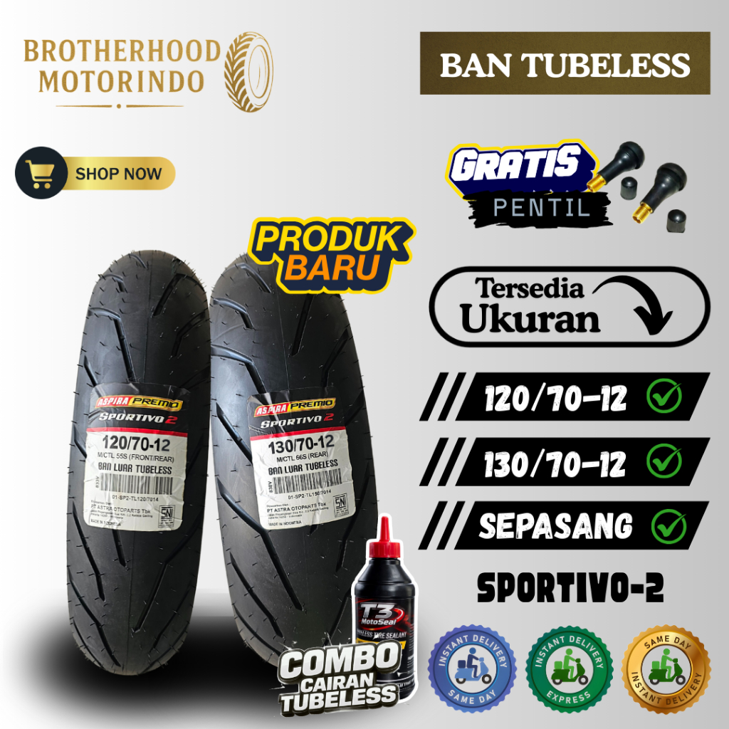(PAKET SEPASANG) BAN ASPIRA TUBELES SPORTIVO 2  (120/70-12 / 130/70-12) BAN MOTOR MATIC / BAN RING 1