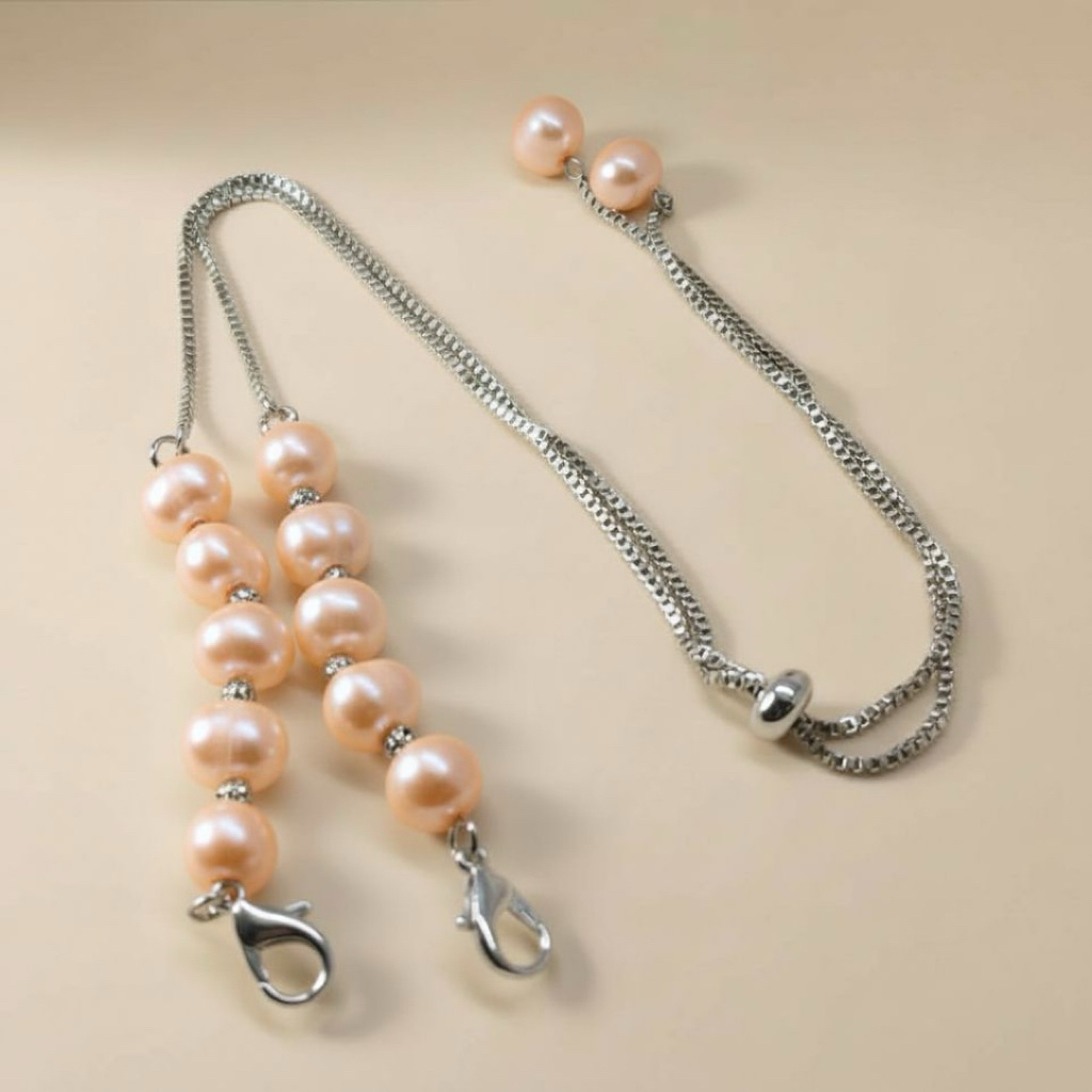 Aksesoris Perhiasan Konektor Connector Hijab Masker Rantai Serut Rhodium Lapis Emas 18 Karat Mutiara