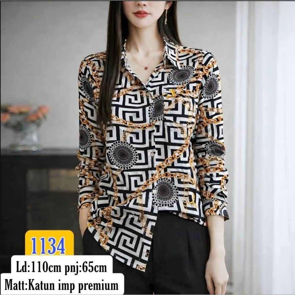 1134 Kemeja Wanita Motif Rantai Versace 1134 Premium Katun Import Lengan Panjang Blouse Kerja Kantor