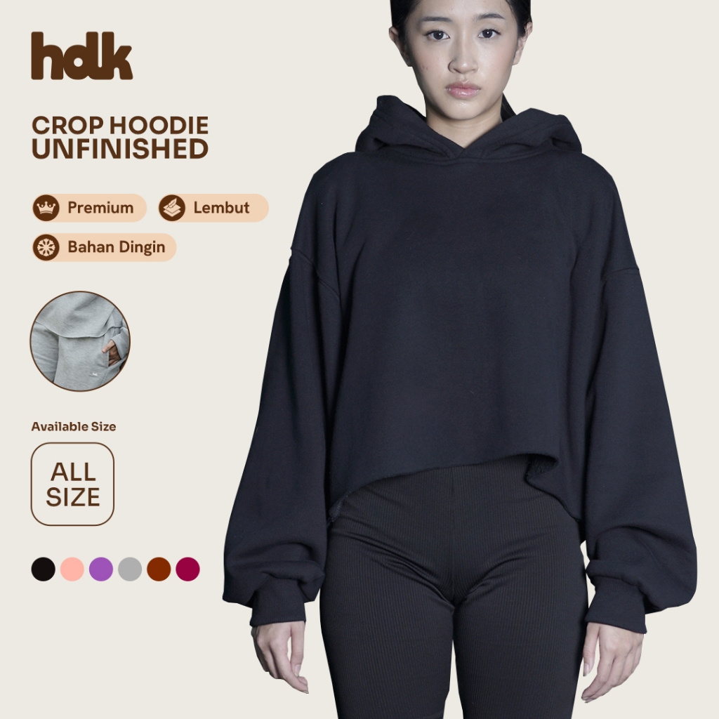 Hoodie Crop Wanita Unfinished Premium Polos | Fleece Tebal & Adem | Lokal Handmade | Hitam - Hoodiek