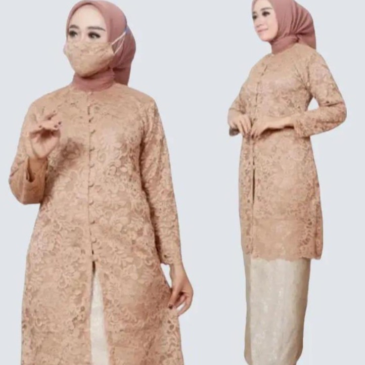 Setelan Kebaya Tunik Kancing Bahan Brokat Premium Full Puring Warna Mocca