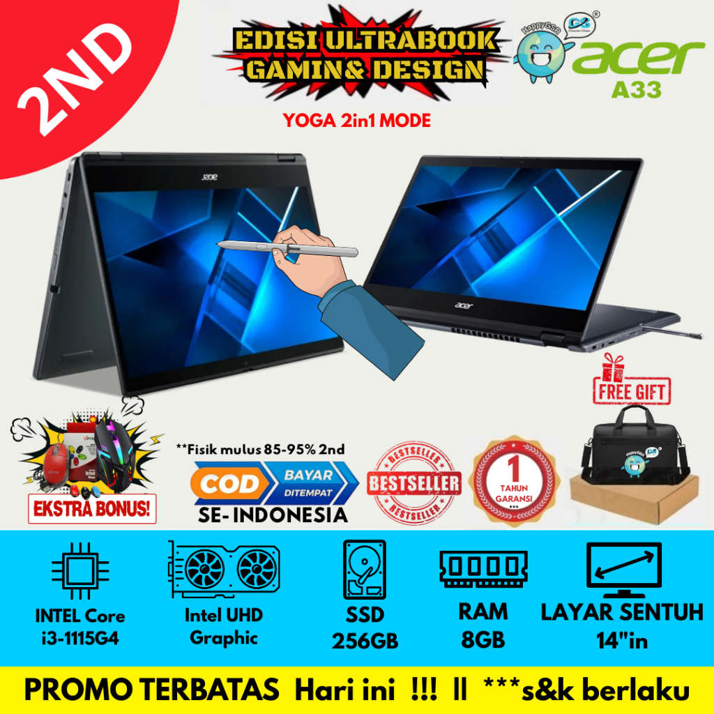 Acer A33 intel Core i3 Gen 11 - Laptop Flip 360 Derajat + Pen Stylus | Acer TravelMate Spin P414