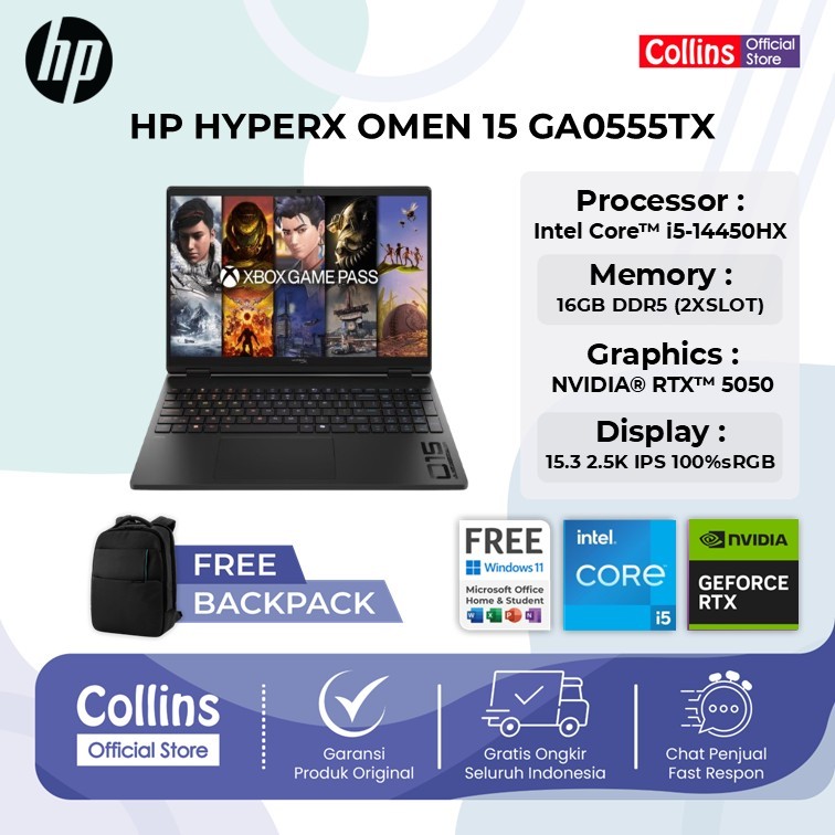 HP HYPERX OMEN 15 GA0555TX I5 14450HX RTX5050 8GB - 16GB 1TB WINDOWS 11 + OFFICE 15.3 WQXGA 180HZ