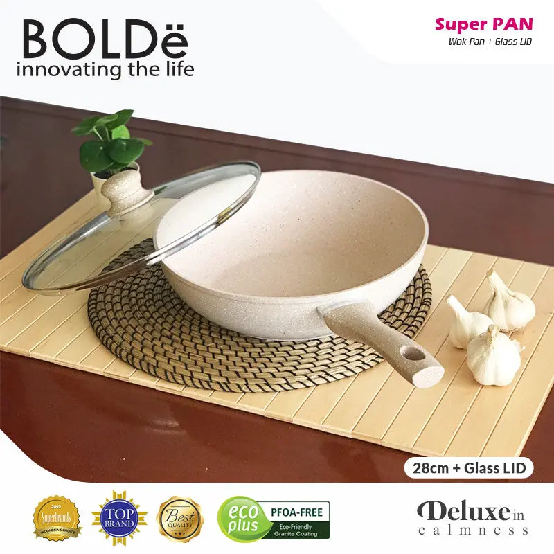 WOK pan 28 cm + GLASS LID, Granite Beige Series (wajan 28cm + Tutup kaca)
