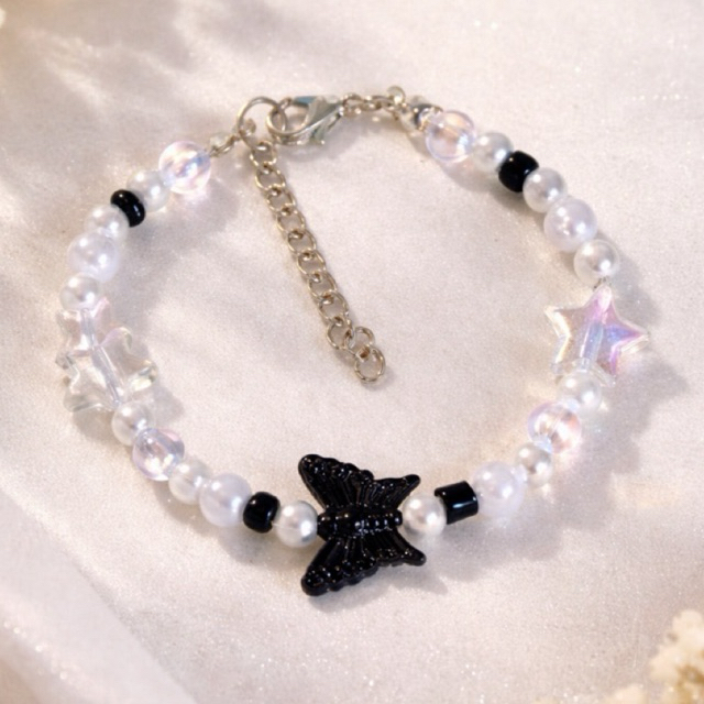 Gelang Manik Kupu-Kupu Hitam Dengan Mutiara Lucu - Gelang Wanita
