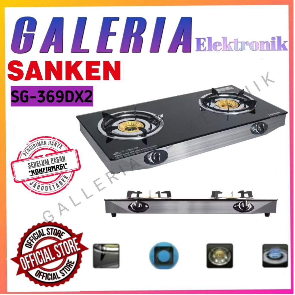 KOMPOR GAS KACA 2 TUNGKU SANKEN SG 369 DX2 / SG369DX2 / SG-369DX2 - TEMPERED GLASS