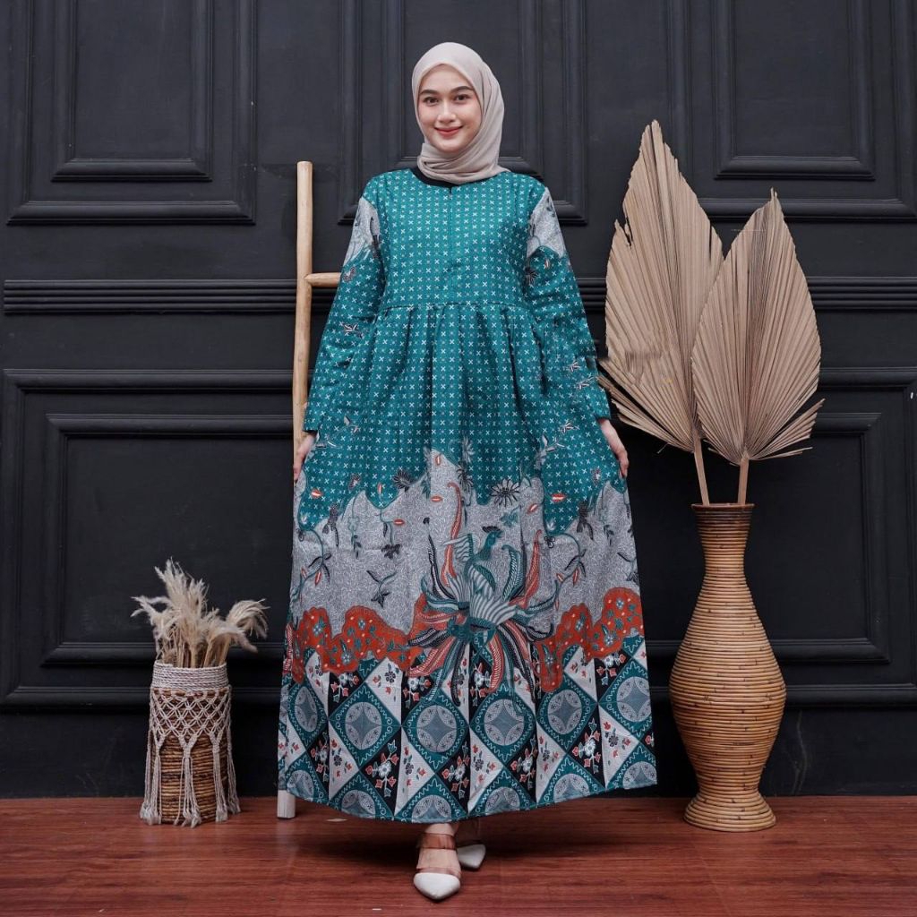 Dress Katun Warna Hijau Muda Elegan Gamis Batik Lebaran Moderen Katun Premium
