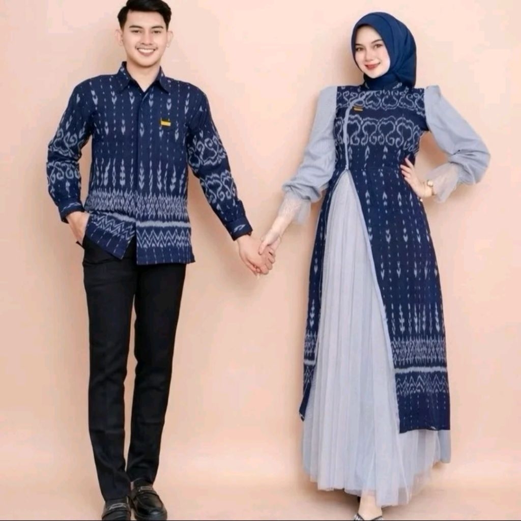 Baju Outfit Tenun Set Couple Keluarga RAINA Navy Kemeja Pria Gamis Perempuan Baju CouplePasangan Baj