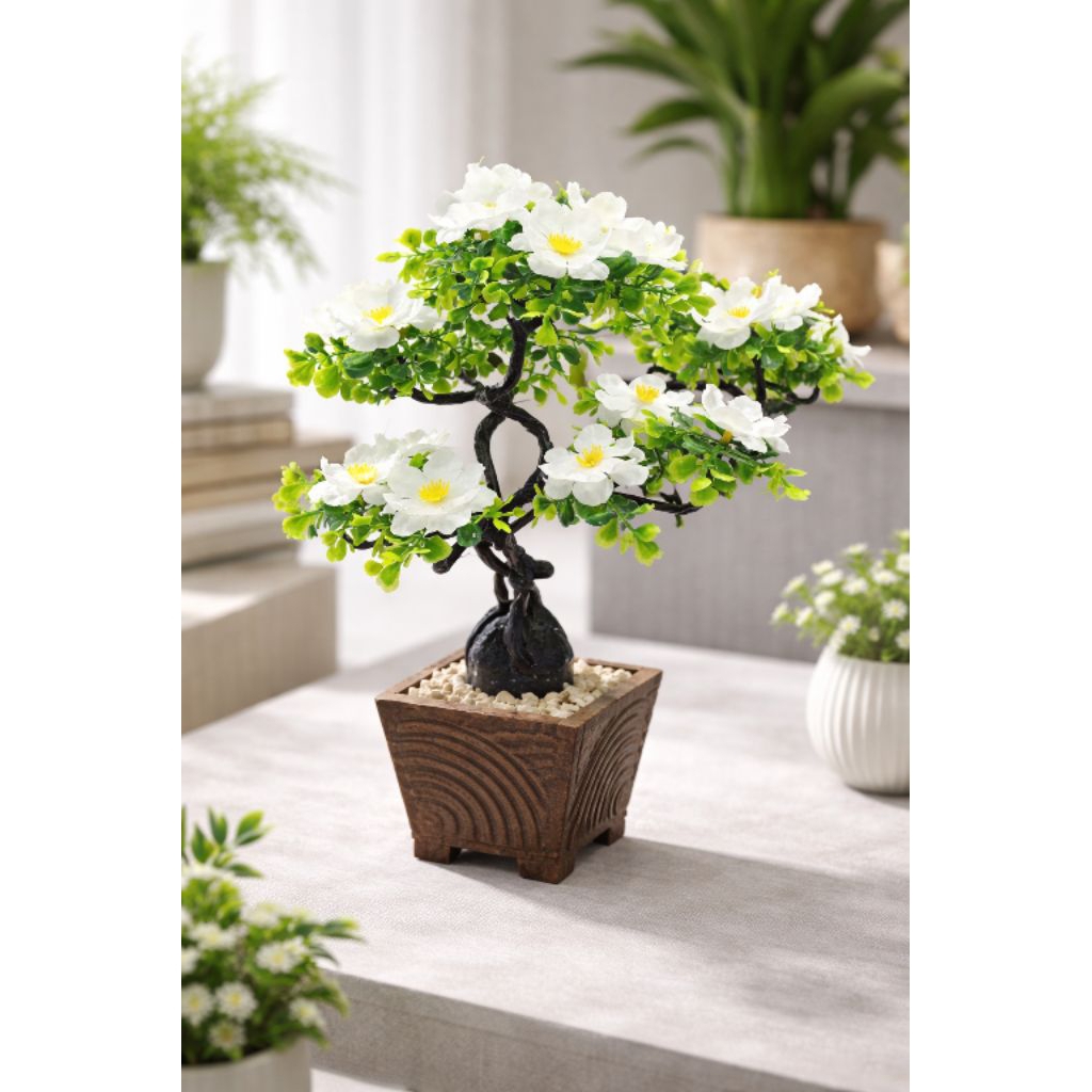 Bunga Bonsai Hiasan Meja 35cm Dengan Pot Kayu Dekorasi Ruang Tamu