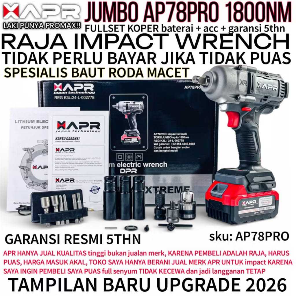 Promo bor Impact wrench APR AP78PRO 1800Nm bonus koper APR JAPAN Mesin impact wrench bor pembuka bau